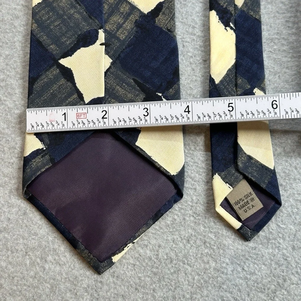 Vintage Structure 100% Silk Abstract Plaid Navy Cream Tie USA Wide Art Print NWT